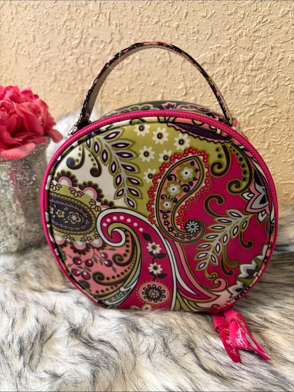 Vera Bradley Round Paisley Cosmetic Case in Pink and Green